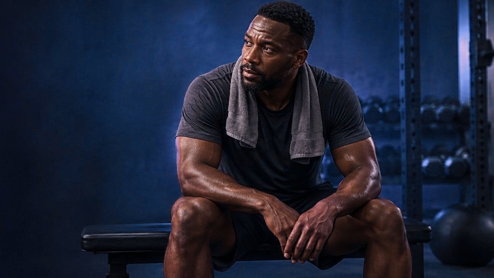A man resting on a gym bench after training