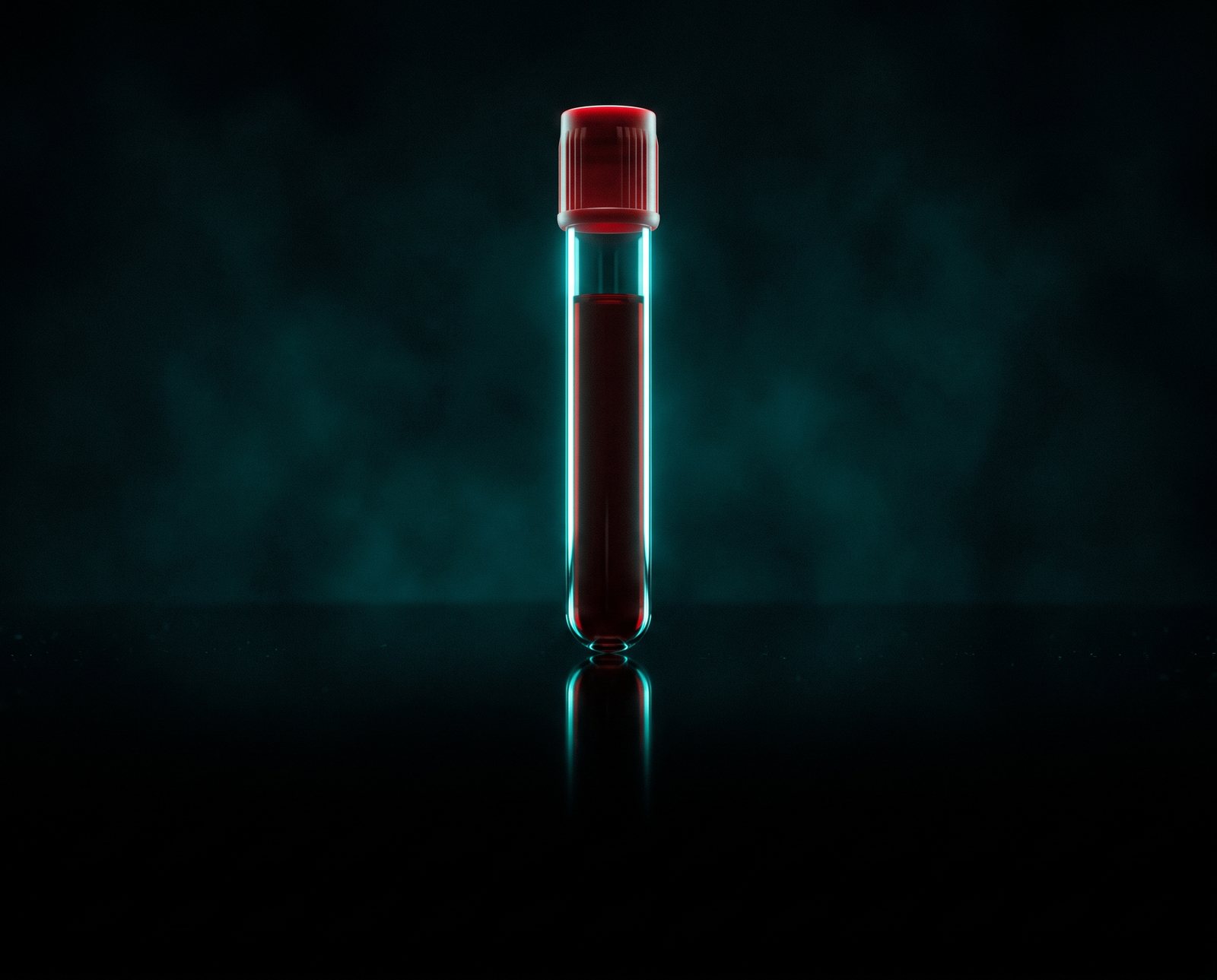 A blood collection tube lit in cyan