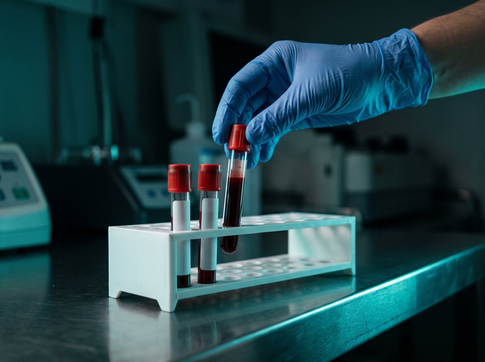 A gloved hand placing a blood collection tube in a rack