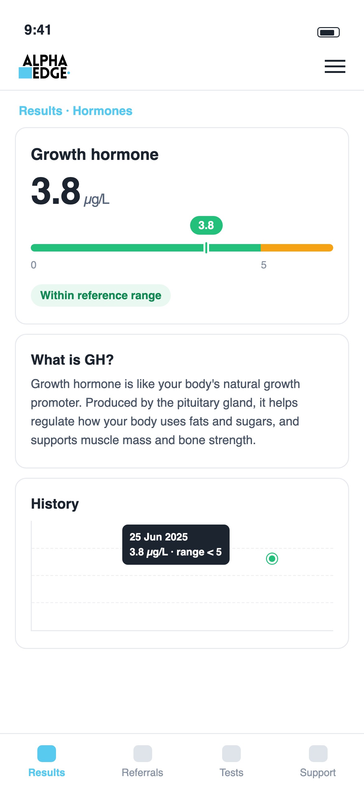 Example blood test result for growth hormone shown on a phone