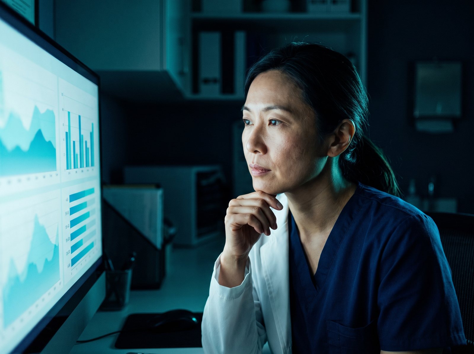 A doctor reviewing blood results on screen