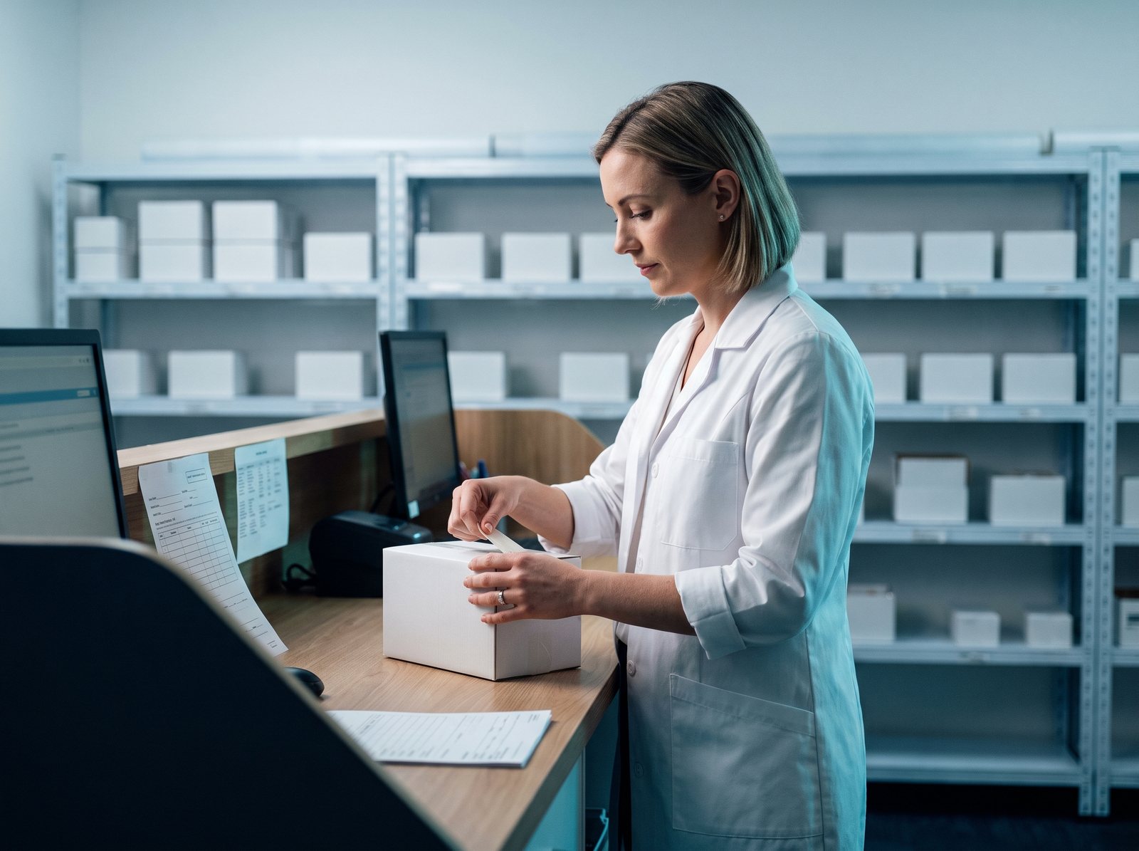 A pharmacist sealing a parcel for delivery