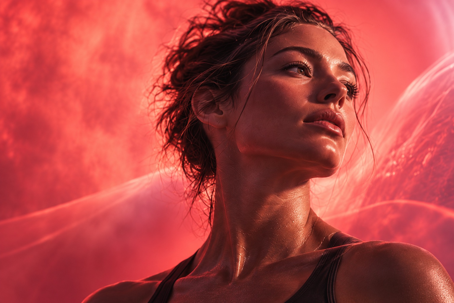 A woman looking upward, lit in red