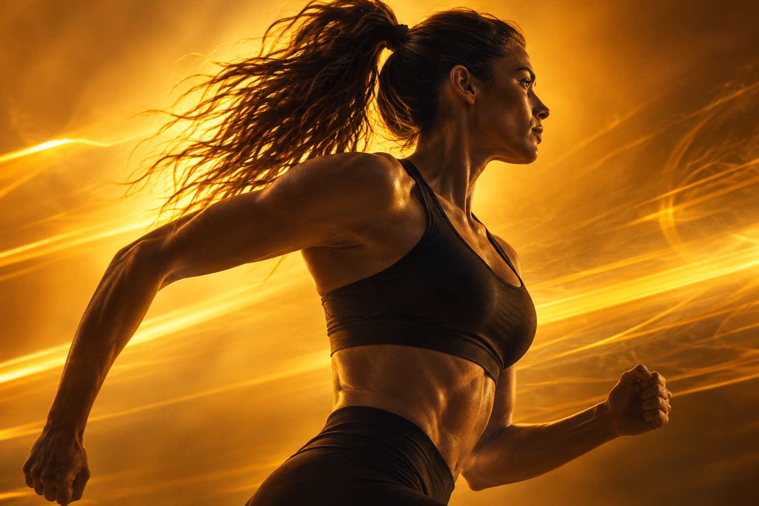 A woman running, lit in gold